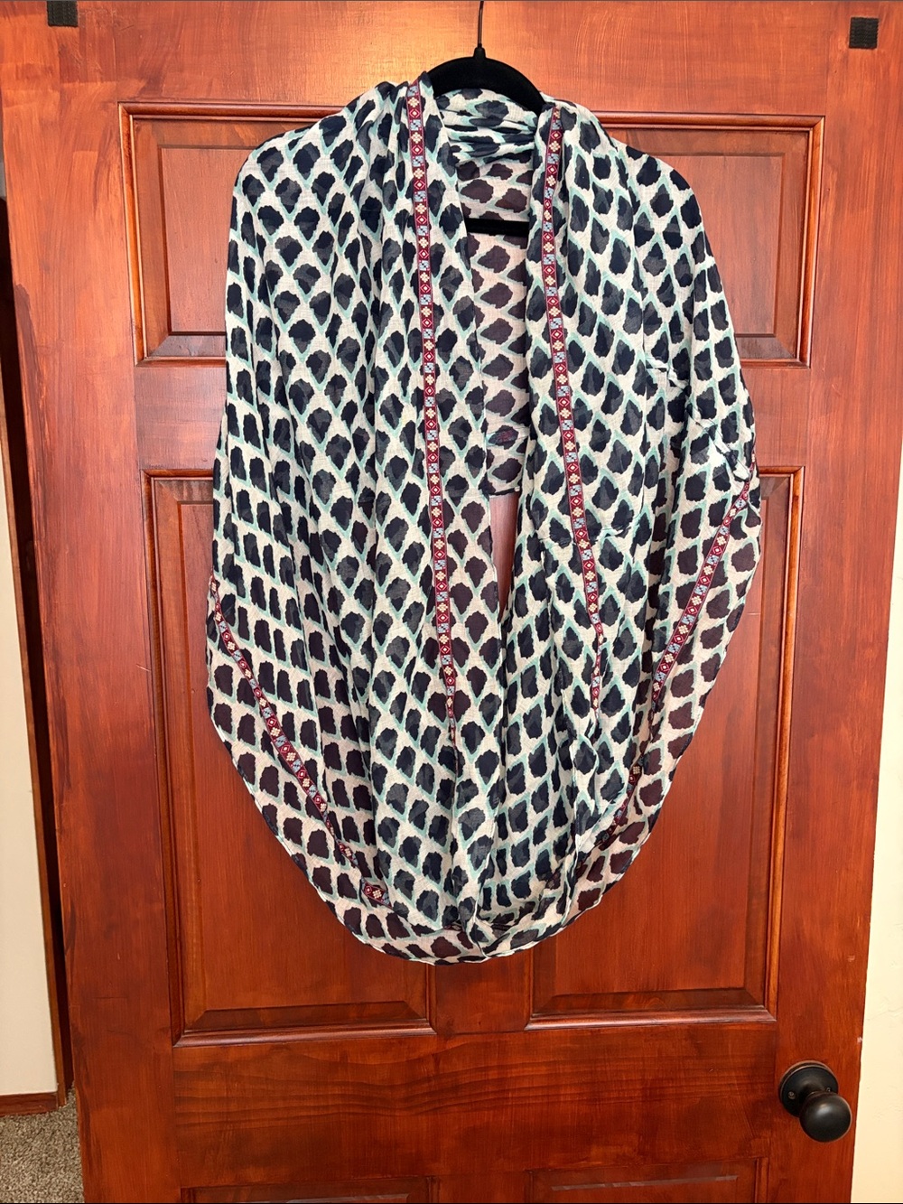 Lightweight Navy, teal, and White Patterned Women’s Infinity Scarf Top